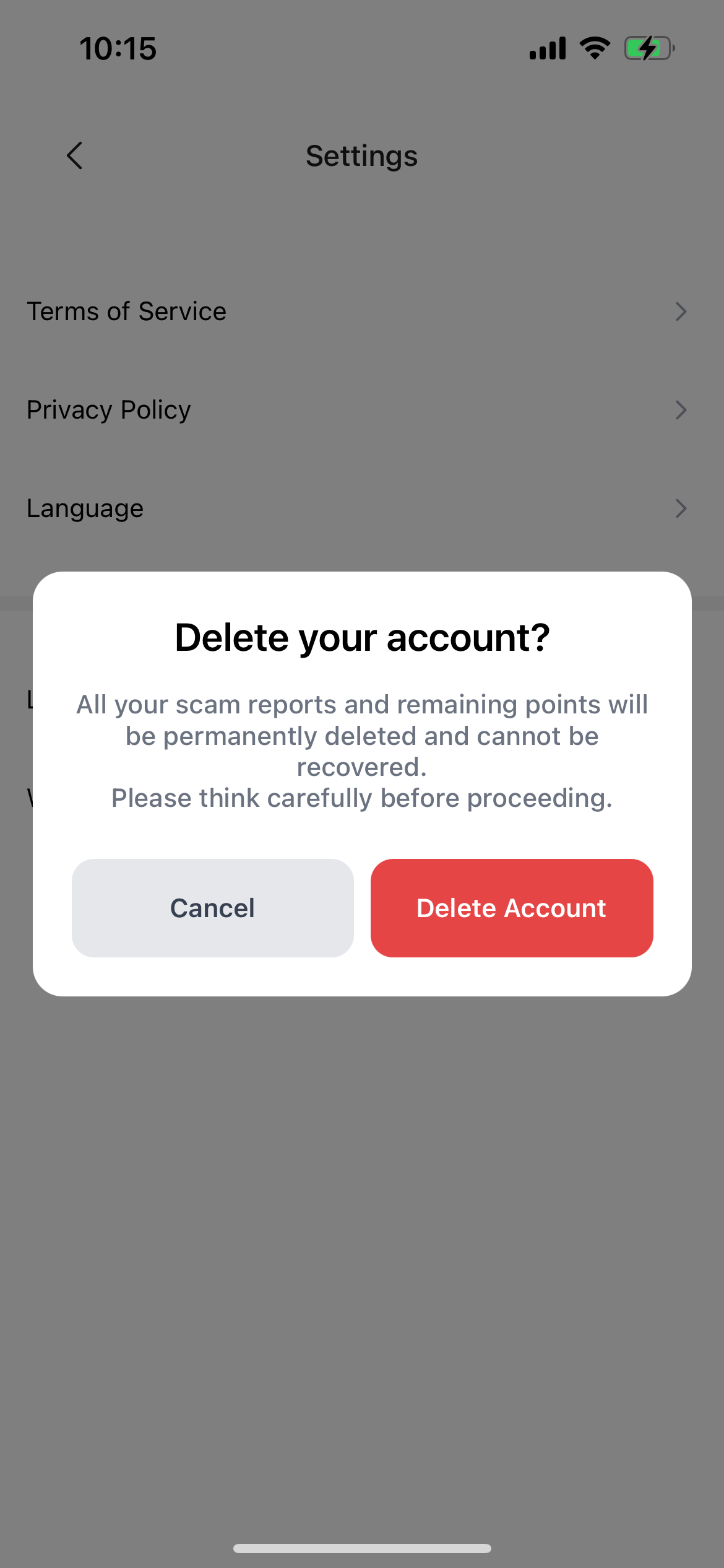 Account Deletion Screenshot